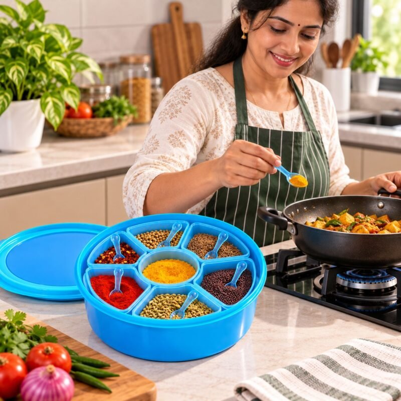 7-Section Masala Box with 6 Removable Containers & Spoons