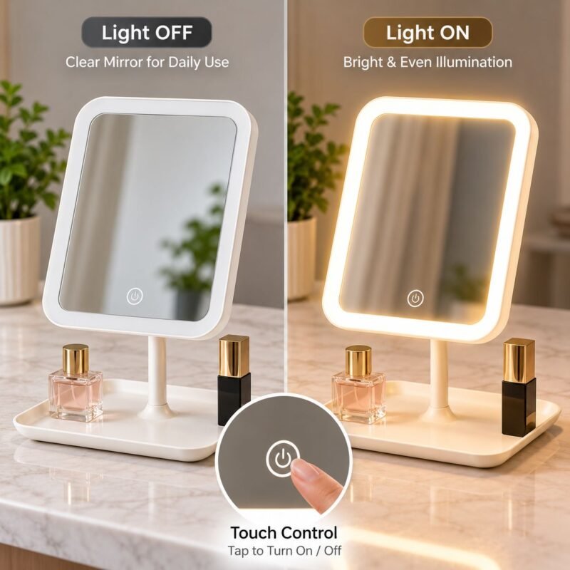 LED Table Face Mirror with Touch Light & Storage Base – V26