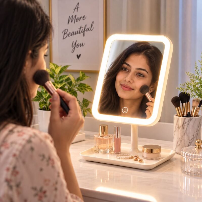 LED Table Face Mirror with Touch Light & Storage Base – V26