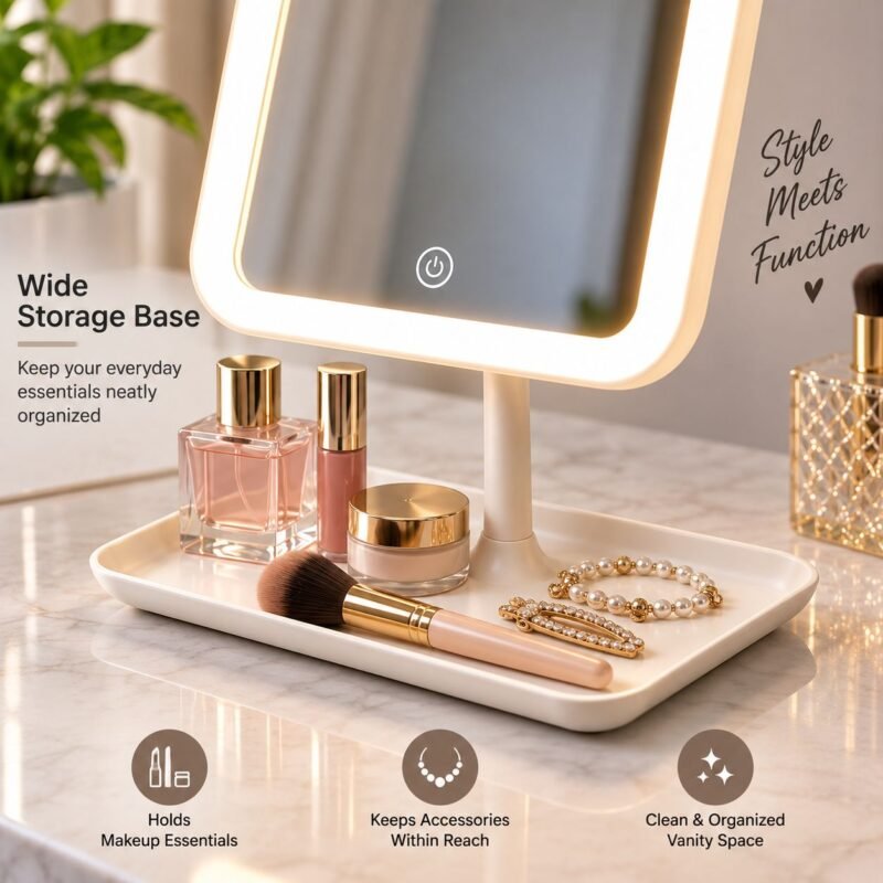 LED Table Face Mirror with Touch Light & Storage Base – V26