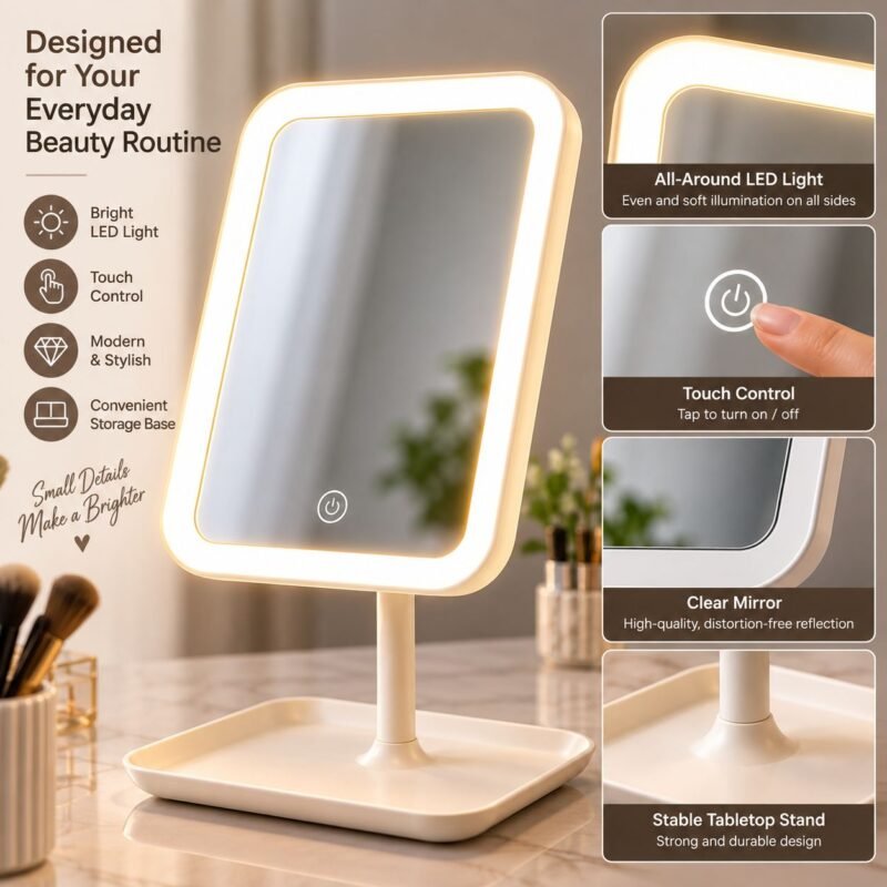LED Table Face Mirror with Touch Light & Storage Base – V26