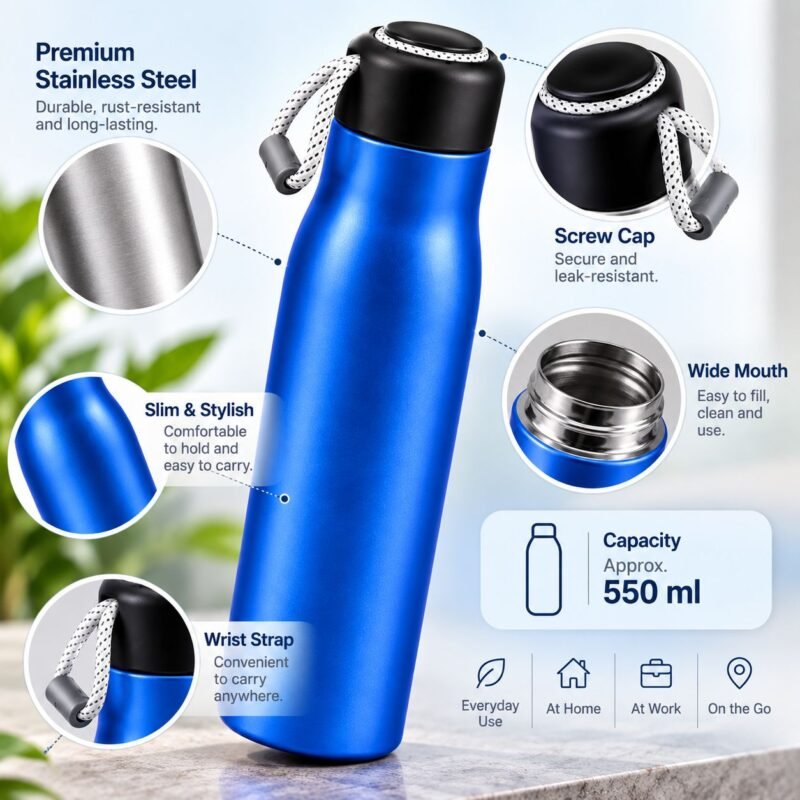 V45 – Vacuum Bottle_6 Stainless Steel Vacuum Bottle with Wrist Strap – Approx. 550 ml – V45