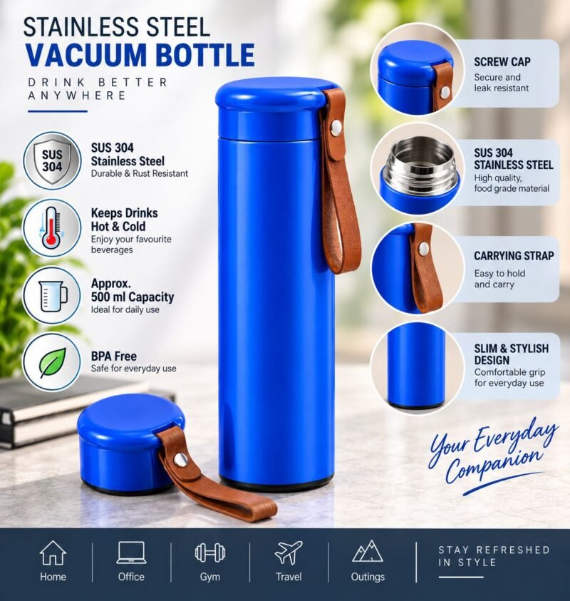 V46 – SUS 304 Stainless Steel Vacuum Bottle_7 SUS 304 Stainless Steel Vacuum Bottle with Carry Strap – Approx. 500 ml – V46