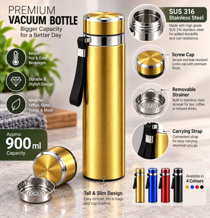 V47 – Vacuum Bottle,_6 SUS 316 Stainless Steel Vacuum Bottle with Strainer – Approx. 900 ml – V47