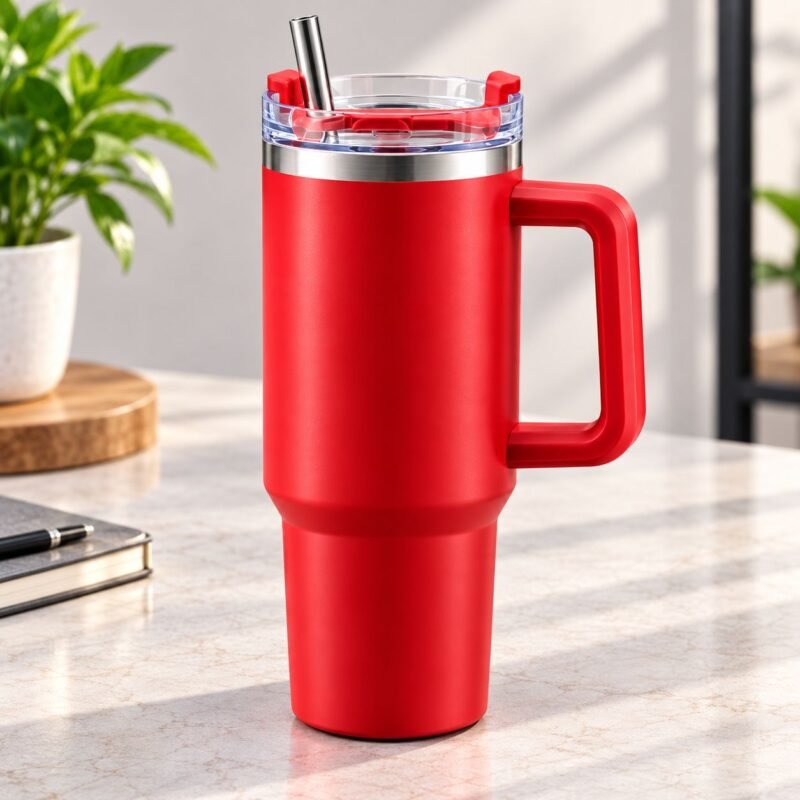 V48 – Vacuum Travel Mug_1 Large Vacuum Travel Mug with Handle & Straw – Approx. 1200 ml – V48