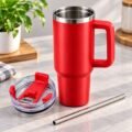 V48 – Vacuum Travel Mug_2 Large Vacuum Travel Mug with Handle & Straw – Approx. 1200 ml – V48