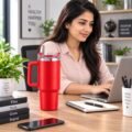 V48 – Vacuum Travel Mug_3 Large Vacuum Travel Mug with Handle & Straw – Approx. 1200 ml – V48