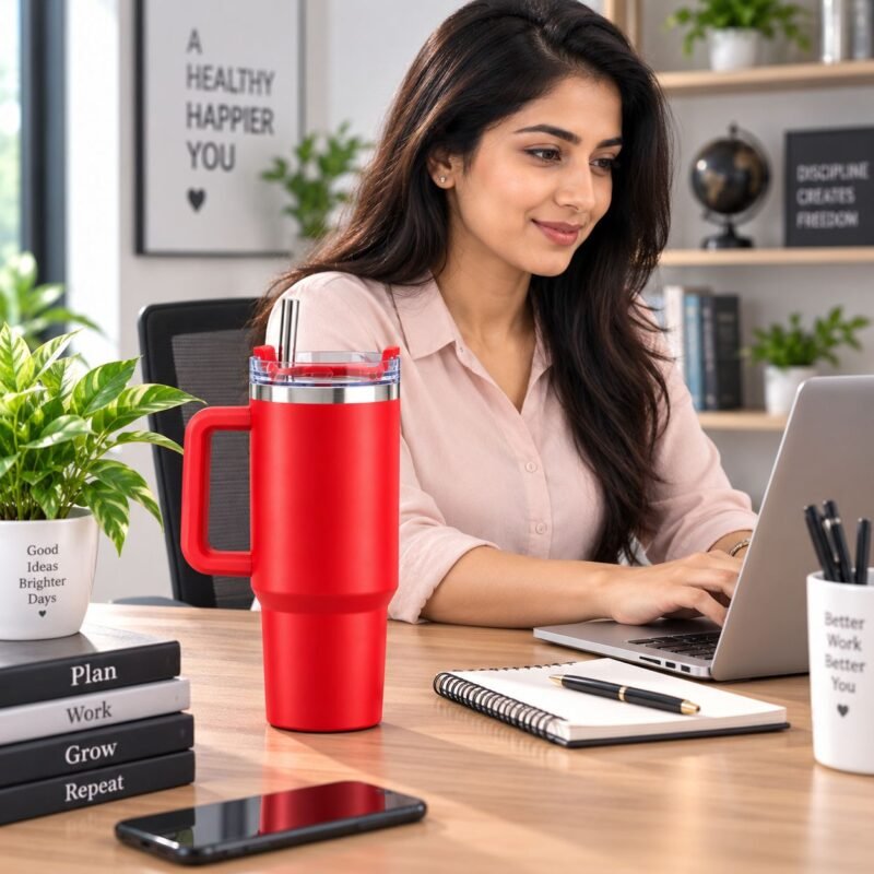 V48 – Vacuum Travel Mug_3 Large Vacuum Travel Mug with Handle & Straw – Approx. 1200 ml – V48