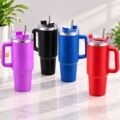 V48 – Vacuum Travel Mug_4 Large Vacuum Travel Mug with Handle & Straw – Approx. 1200 ml – V48