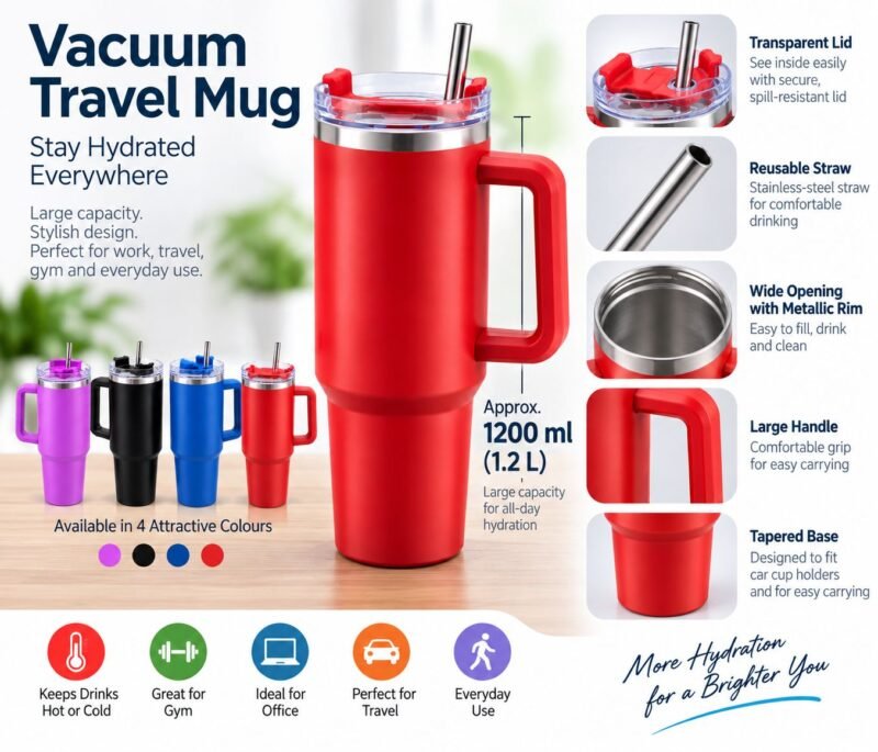 V48 – Vacuum Travel Mug_7 Large Vacuum Travel Mug with Handle & Straw – Approx. 1200 ml – V48
